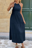 Solid Color Waist Cinched Backless Dress