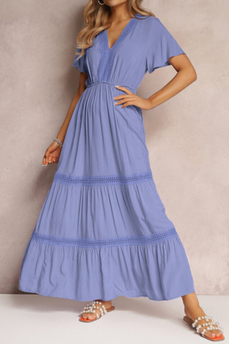 Lotus Short Sleeve V-neck Solid Color Dress