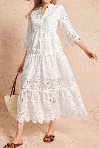 V-neck Short Sleeved Waist Cinched Lace Dress