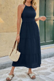 Solid Color Waist Cinched Backless Dress