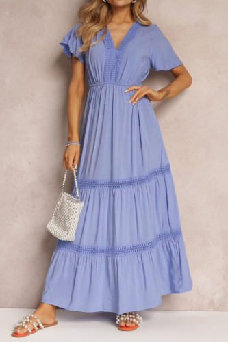 Lotus Short Sleeve V-neck Solid Color Dress