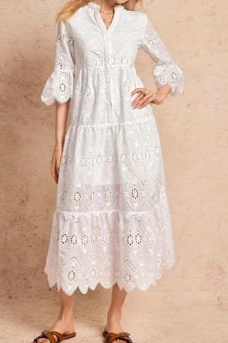 V-neck Short Sleeved Waist Cinched Lace Dress