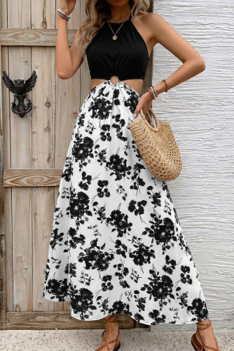 Hanging Neck Printed Waist Cinching Dress