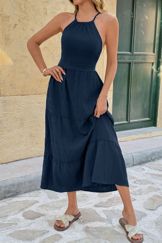 Solid Color Waist Cinched Backless Dress
