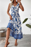 Blue and White Porcelain Printed V-neck Sleeveless Dress