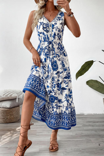 Blue and White Porcelain Printed V-neck Sleeveless Dress