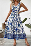 Blue and White Porcelain Printed V-neck Sleeveless Dress