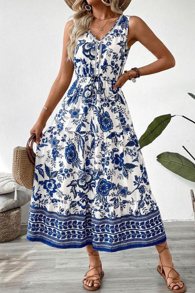 Blue and White Porcelain Printed V-neck Sleeveless Dress