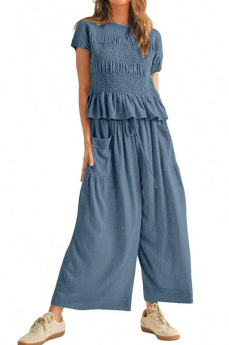 Waist Cinched Shirt Wide Leg Pants 2-piece Set