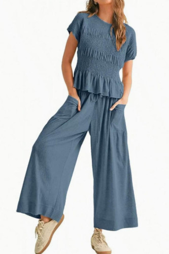 Waist Cinched Shirt Wide Leg Pants 2-piece Set