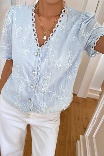  Lace V-neck Short Sleeved Embroidered Shirt