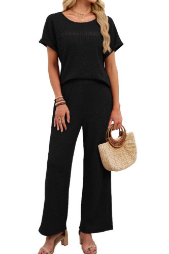 Solid Color Round Neck Shirt Pants 2-piece Set