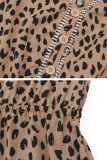 V-neck Leopard Print Lace Waist Cinching Dress