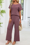 Solid Color Round Neck Shirt Pants 2-piece Set