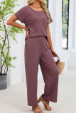 Solid Color Round Neck Shirt Pants 2-piece Set