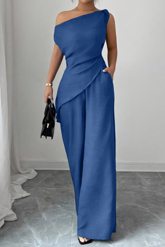 Slanted Shoulder Shirt Wide Leg Pants 2-piece Set