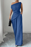 Slanted Shoulder Shirt Wide Leg Pants 2-piece Set