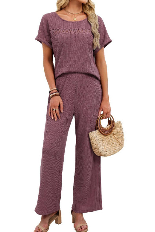 Solid Color Round Neck Shirt Pants 2-piece Set
