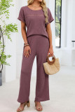 Solid Color Round Neck Shirt Pants 2-piece Set