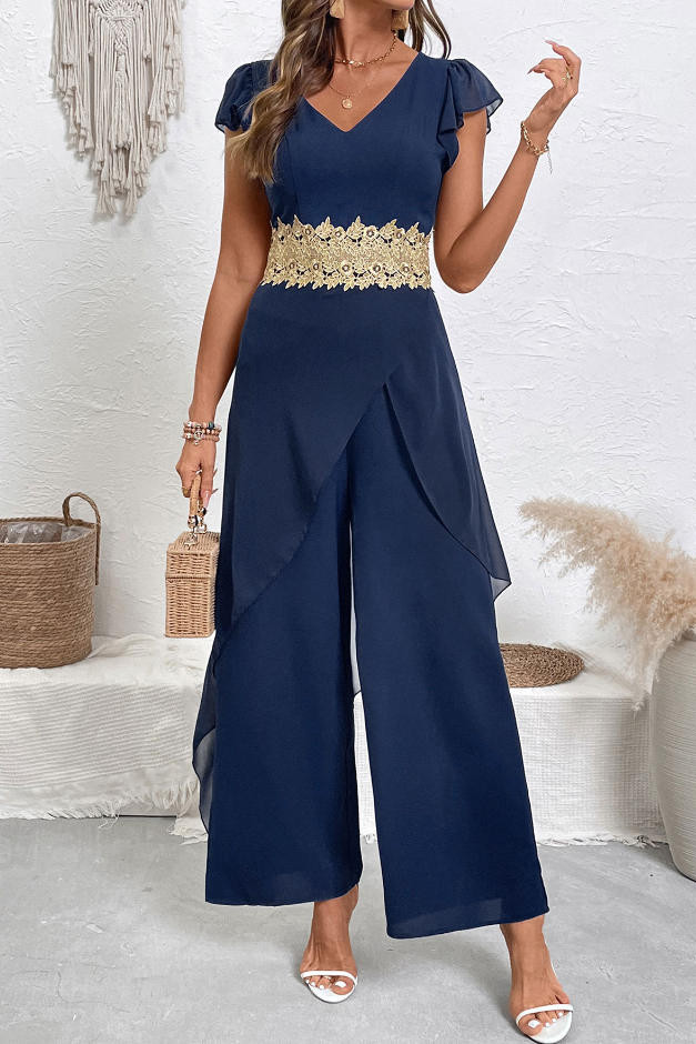 V-neck Waist Cinching Chiffon Jumpsuit