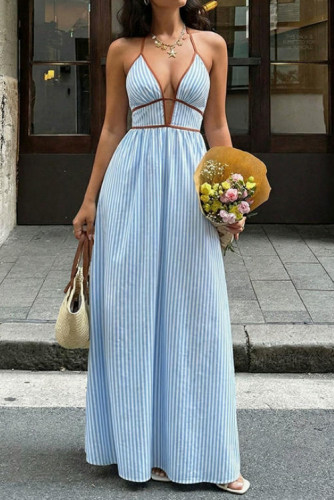 Deep V-neck Striped Backless Sleeveless Dress