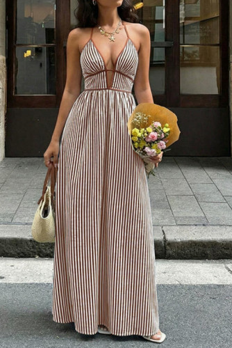 Deep V-neck Striped Backless Sleeveless Dress