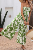 High Waisted Strapless Green Leaf Printed Jumpsuit