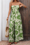 High Waisted Strapless Green Leaf Printed Jumpsuit