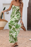 High Waisted Strapless Green Leaf Printed Jumpsuit