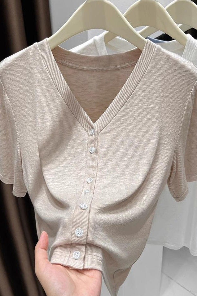 V-neck Cardigan Knitted Short Sleeved Shirt