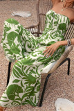 High Waisted Strapless Green Leaf Printed Jumpsuit