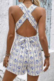 V-neck Hanging Neck Ocean Print Jumpsuit