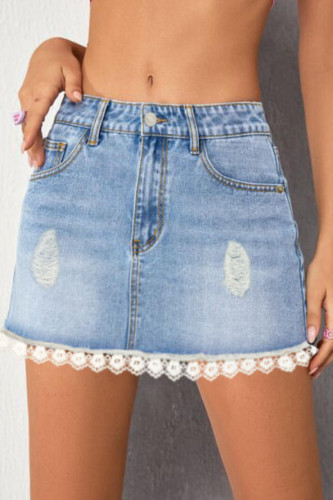 Lace Edged Denim Short Skirt
