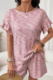 Waffle Ruffled Short Sleeved Shorts 2-piece Set