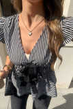 Solid Color Bow Striped V-neck Shirt