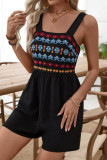 Embroidered Square Neck Waist Cinching Jumpsuit