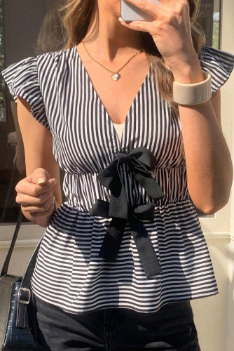 Solid Color Bow Striped V-neck Shirt