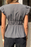 Solid Color Bow Striped V-neck Shirt