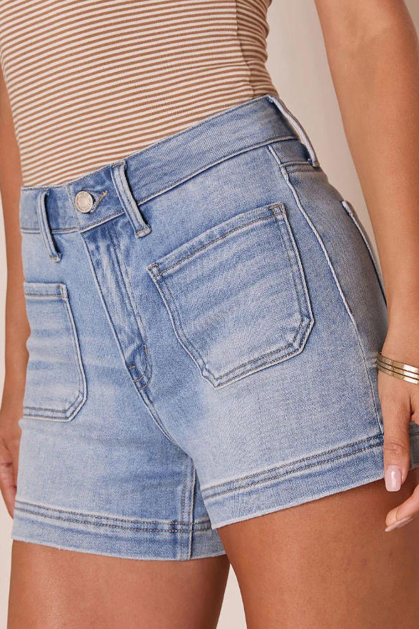 Washed Elastic Pocket Denim Shorts