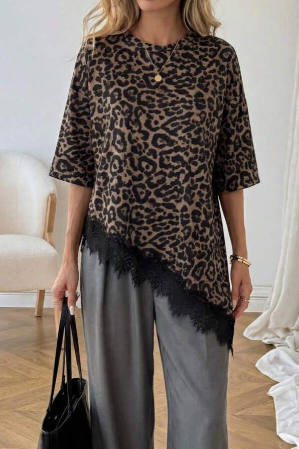 Leopard Print Lace Loose Short Sleeved T-shirt
