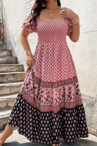 Bohemian Square Neck Short Sleeved Dress
