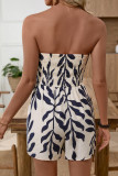 Leaf Print Strapless Waist Cinching Jumpsuit