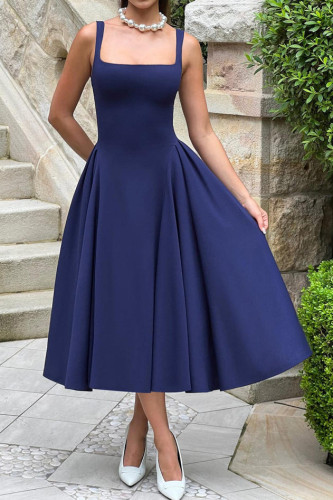 French U-neck Solid Color Sleeveless Dress