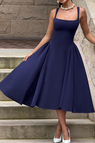 French U-neck Solid Color Sleeveless Dress