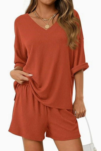 Loose V-neck T-shirt Shorts 2-piece Set