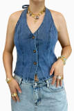V-neck Backless Hanging Neck Denim Vest