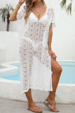 V-neck Short Sleeved Knitted Dress Beach Cover Shirt