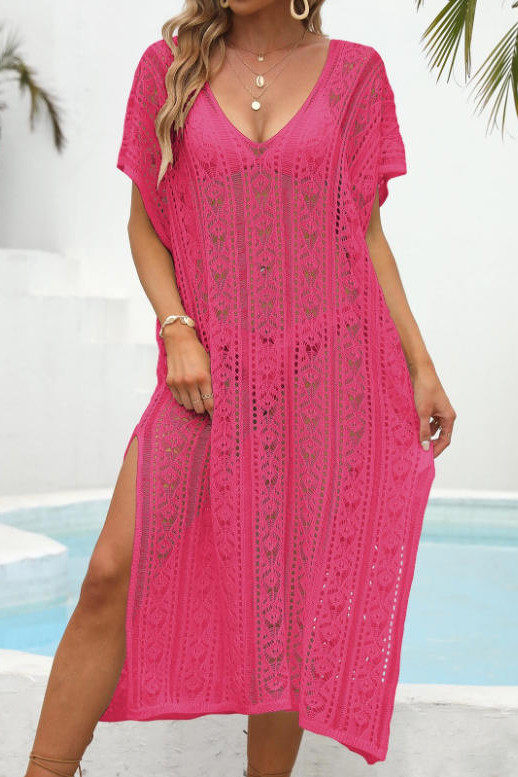 V-neck Short Sleeved Knitted Dress Beach Cover Shirt