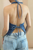 V-neck Backless Hanging Neck Denim Vest