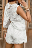 Solid Color Hollow Sleeveless Vest Shorts 2-piece Set